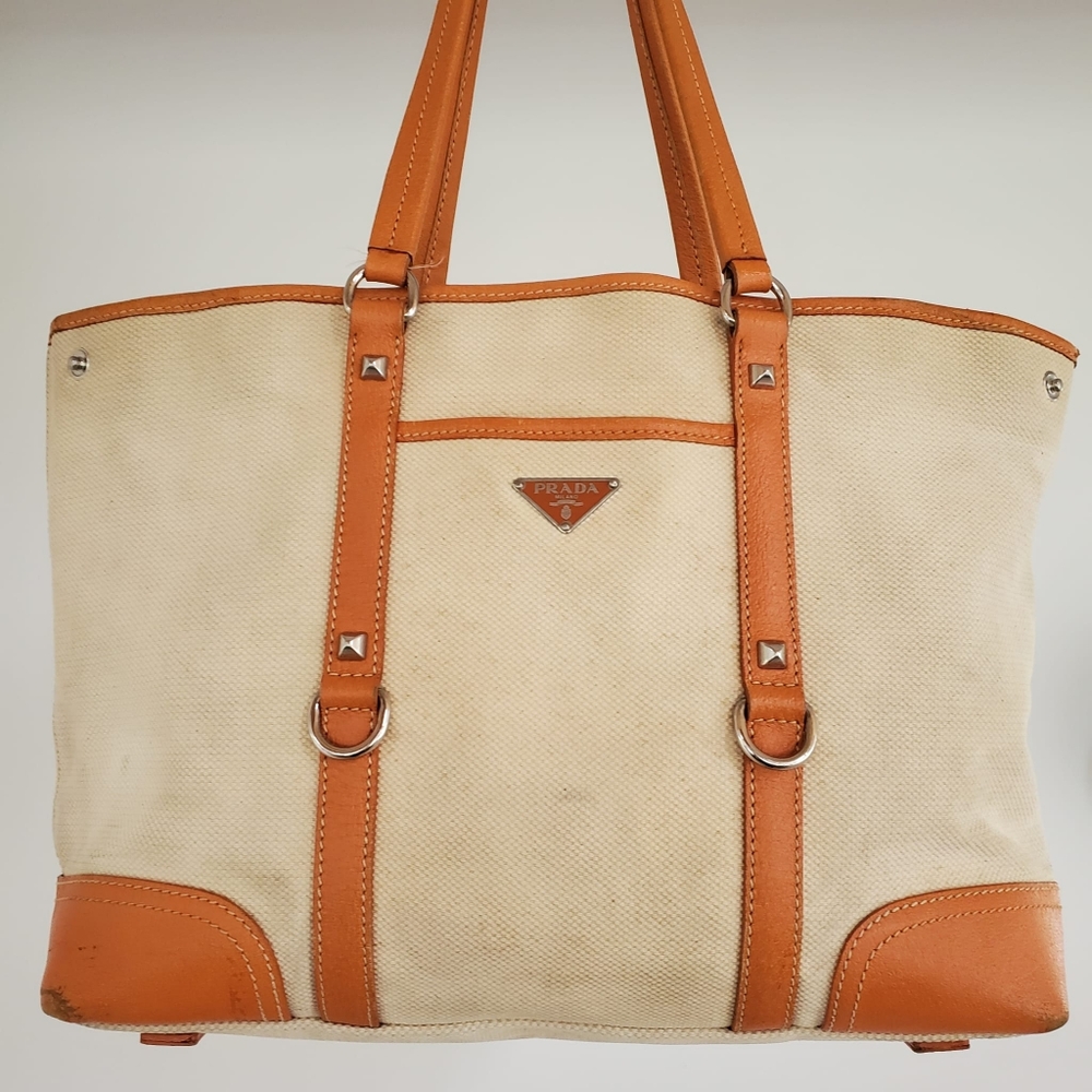 Prada Beige Canvas and Orange Leather TrimTote Bag - Picture 1 of 16